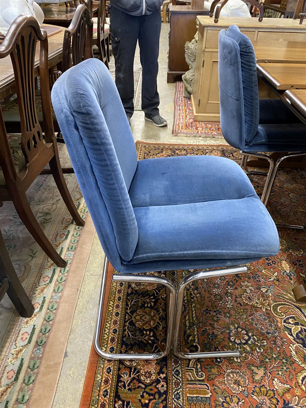 A set of four Pieff Eleganza blue fabric and chrome dining chairs